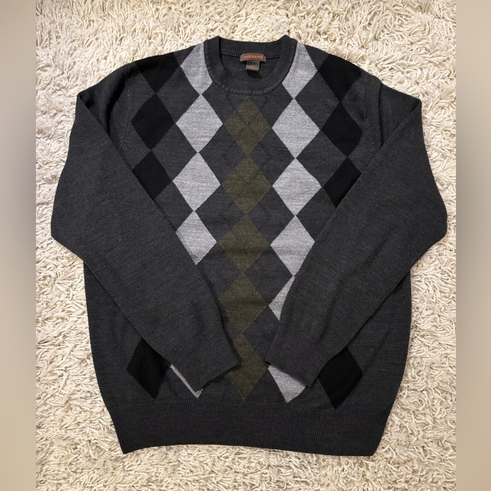Dockers Men’s Argyle Long Sleeve Knit Sweater Gray/ Green Size L